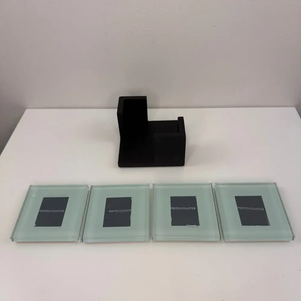 Photo Frame Coasters Wood Holder Tempered Glass Square Home Decorative Set of 4